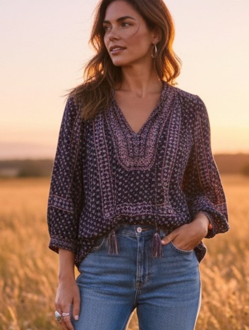Lucky Brand Purple Paisley V-Neck Tunic